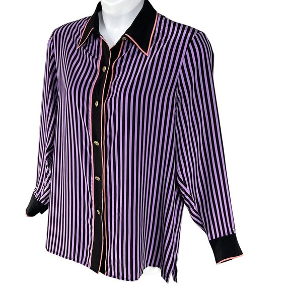 Bob Mackie Womens L Wearable Art 100% Silk Blouse Gold Buttons Contrast Trim Top - Picture 6 of 16